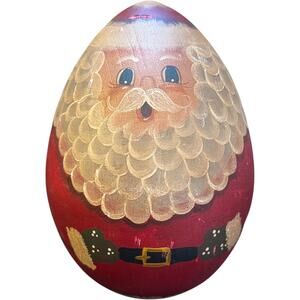 Vintage 80s Hand Painted Wooden Santa Claus Egg Folk Art Christmas